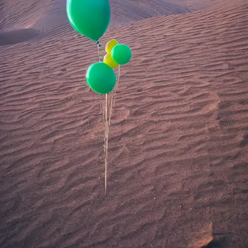 Image similar to party balloons in the desert, depth of field, photography, 8 k,