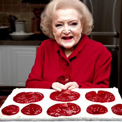 Image similar to betty white baking a cake horror atmospheric red jelly fog eldritch nightmare