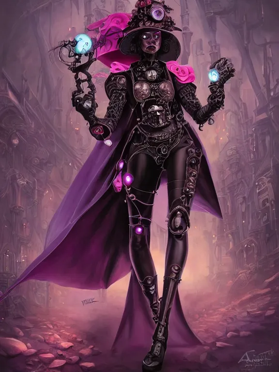 Prompt: female steampunk necromancer, skintight black clothes, dark purple cape, cute, black skin, pink straight hair, robotic skeleton companions, high fantasy, futuristic fractal background, dnd, highly detailed, two arms, detailed face, smooth, sharp focus, digital painting, by artgerm and greg rutkowski and alphonse mucha