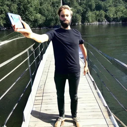 Image similar to pewdiepie selfie at a bridge