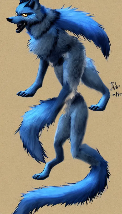 Image similar to dieselpunk furry blue wolf with fuzzy tail, concept art, dramatic, fantasy, pixiv