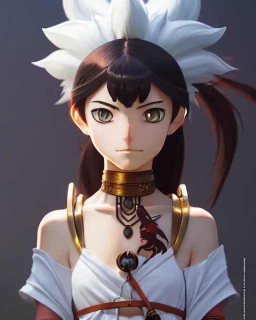 Image similar to azctec warrior, cat girl, finely detailed perfect face, exquisite details, fire magic, mid view, design on a white background, by studio muti, greg rutkowski makoto shinkai takashi takeuchi studio ghibli