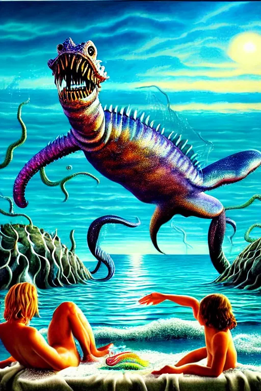 Prompt: a hyperrealistic painting of a sea creature monster washing up on the beach while people are laying on towels with umbrellas, cinematic horror by chris cunningham, lisa frank, richard corben, highly detailed, vivid color,