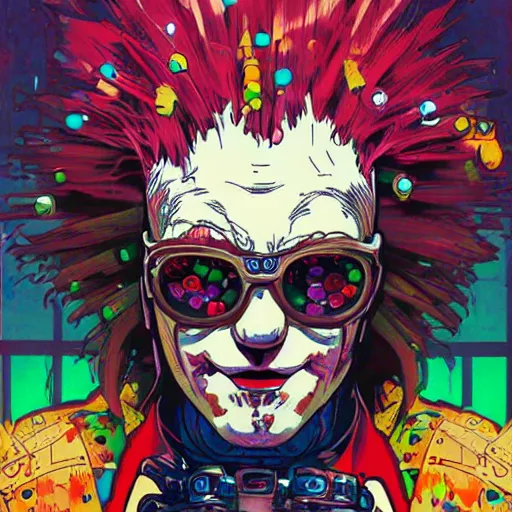 Image similar to cyberpunk clown cyborg portrait, illustration, pop art, splash painting, art by geof darrow, ashley wood, alphonse mucha, makoto shinkai