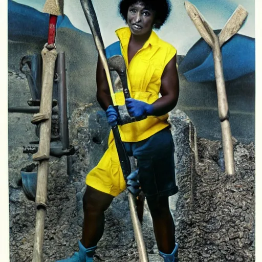 Prompt: 90's professional color photograph, A very muscular miner black woman in blue, short black hair, wielding a pickaxe in the mine. stunningly, beautiful, intricate, elegant, digital painting, smooth, sharp focus, beautiful bone structure, symmetrical features