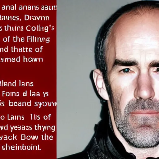 Image similar to Stannis is a large man, tall, broad-shouldered, and sinewy. He has dark blue eyes and a heavy brow. His head has only a fringe of black hair like the shadow of a crown, and he has a close-cropped beard across his large jaw. His face has a tightness to it like cured leather, and he has hollow cheeks, and thin, pale lips. He grinds his teeth regularly.