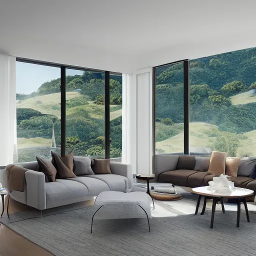 Image similar to modern open living room with big windows showing an amazing landscape on the background, organic architecture, interior design, minimalist furniture, octane render, high detail, 8 k, post production