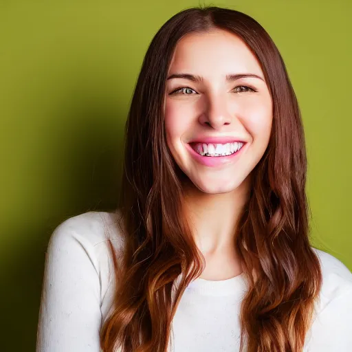 Prompt: Photo of a cute young woman smiling, long shiny bronze brown hair, full round face, green eyes, medium skin tone, light cute freckles, smiling softly, wearing casual clothing, relaxing on a modern couch, interior lighting, cozy living room background, medium shot, mid-shot, soft focus, professional photography, Portra 400