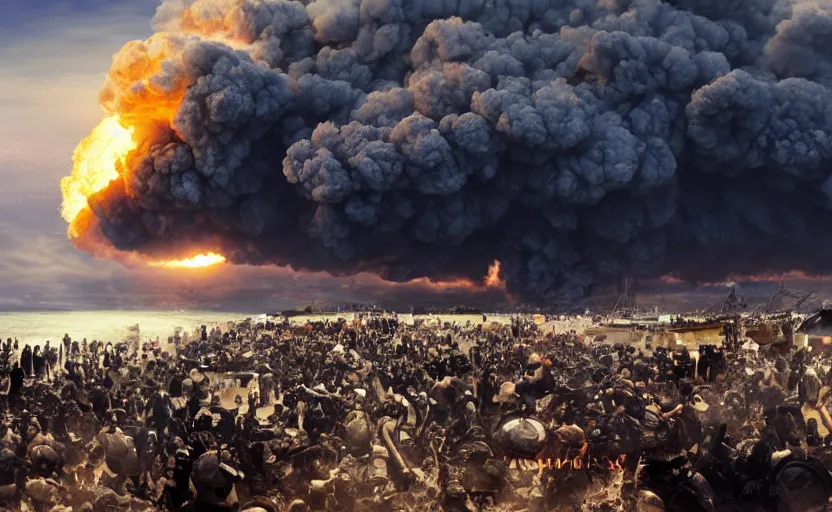Image similar to sunny day ocean big explosion on the horizon and crowd watching war apocalyptic photorealistic
