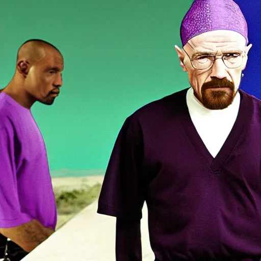 Prompt: walter white using a purple durag looking fresh