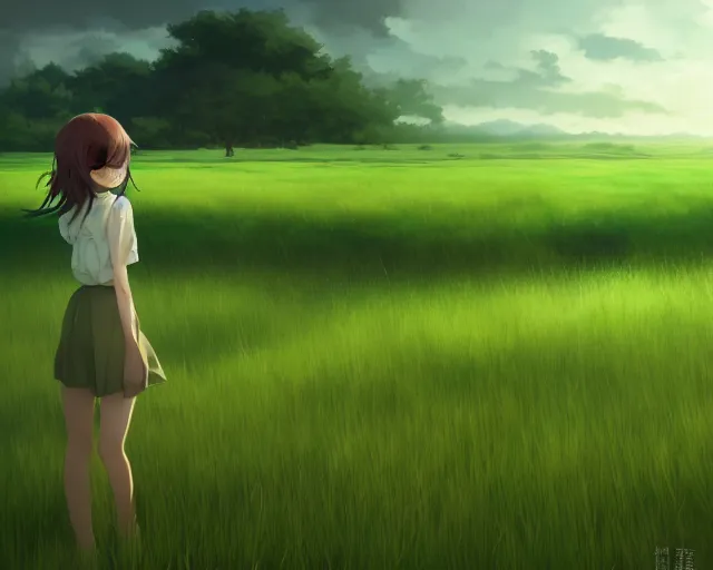 Image similar to a green field, official media, illustrated by wlop, extremely detailed, 8 k, trending on pixiv, cinematic lighting, beautiful