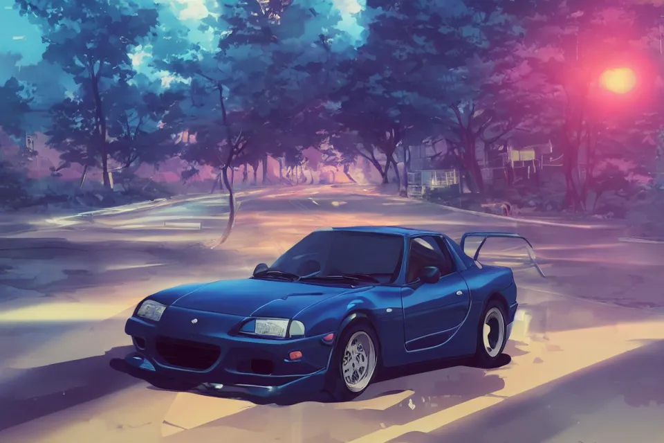 Image similar to aesthetic illustration of ryosuke takahashi with black hair wearing a dark blue shirt standing near his white mazda rx 7 on an empty highway at dusk, cinematic lighting, initial d anime 1 0 8 0 p, detailed anime face, high detail, 9 0 s anime aesthetic, volumetric lights, unreal engine 5 render, pinterest wallpaper, trending on artstation