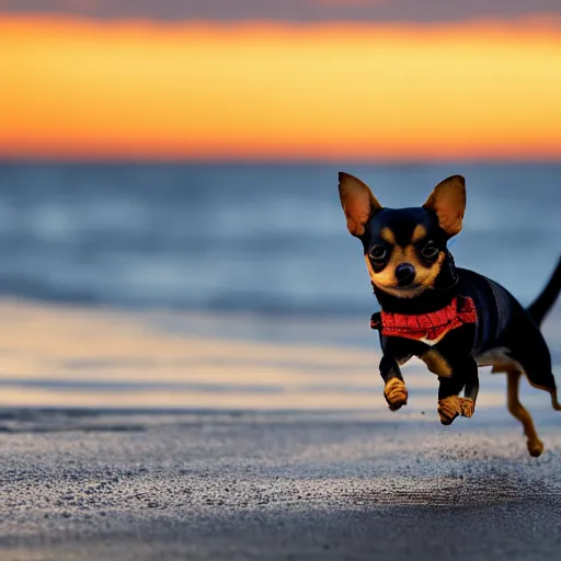 Prompt: high quality action photograph of a black and tan chihuahua running along a beach at sunset, boats in the background, golden hour, beautiful light, seaside, seashore, 2 0 0 mm, f 4, canon, nikon, flickr, 5 0 0 px, behance, award winning photograph