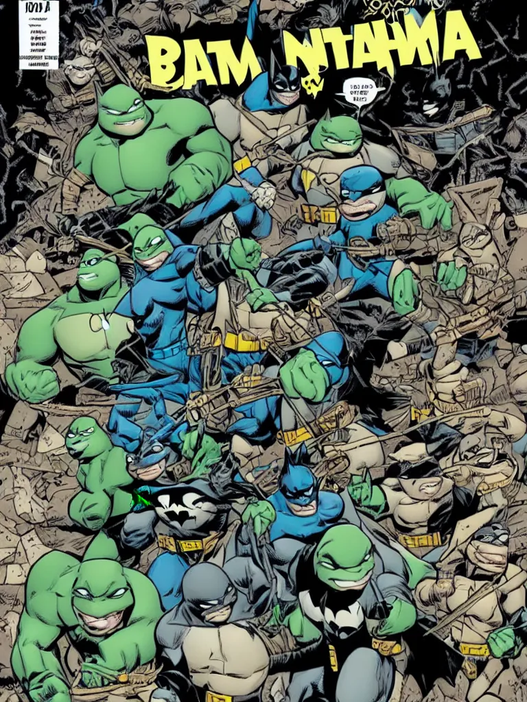 Prompt: Batman and teenage mutant Ninja turtles crossover comicbook first issue