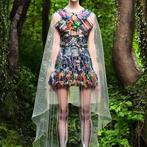 Image similar to hungarian cybernetic folk costume made by valentino resort ss 2 0 1 6, sheer layered floral dress, chain jewelry, coin veil, cute young model standing near a mystical mountain forest waterfalls, hologram flowers