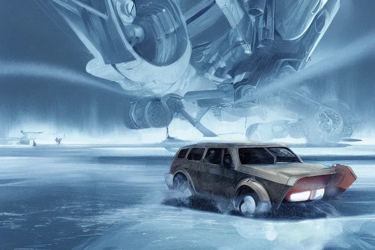 Image similar to dieselpunk digital illustration of a jet - powered yugo hatchback speeding across a frozen lake in a blizzard by makoto shinkai, ilya kuvshinov, lois van baarle, rossdraws, basquiat