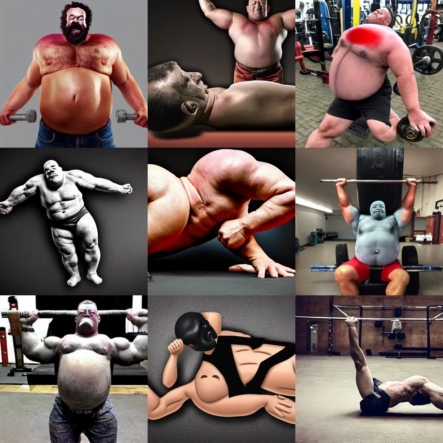 Prompt: headless strongman with his face on his belly