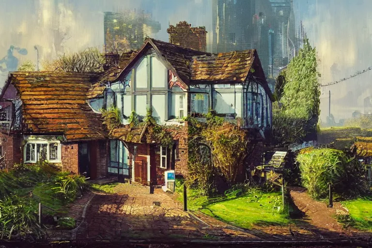 Prompt: cyberpunk, an estate agent listing photo, external view of a 5 bedroom detached countryside house in the UK, it's a sunny day, by Paul Lehr