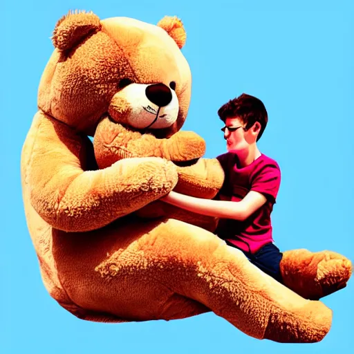 Image similar to young man burying his face on the belly of a giant teddy bear, cute, digital painting,