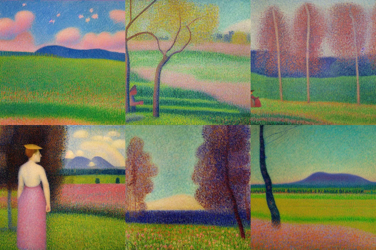 Prompt: A beautiful oil painting of a birch tree standing in a spring meadow with pink flowers, a distant mountain towers over the field in the distance. Artwork by Georges Seurat, in the style of Louis Hayet and Camille Pissarro.
