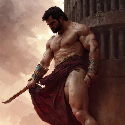 Image similar to henry cavill as a greek gladiator, gorgeous, amazing, muscular, intricate, highly detailed, digital painting, artstation, concept art, sharp focus, illustration, art by greg rutkowski and alphonse mucha