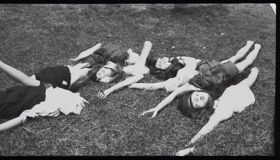 Image similar to A burnt! polaroid photograph of some 70s teenagers lays on the ground