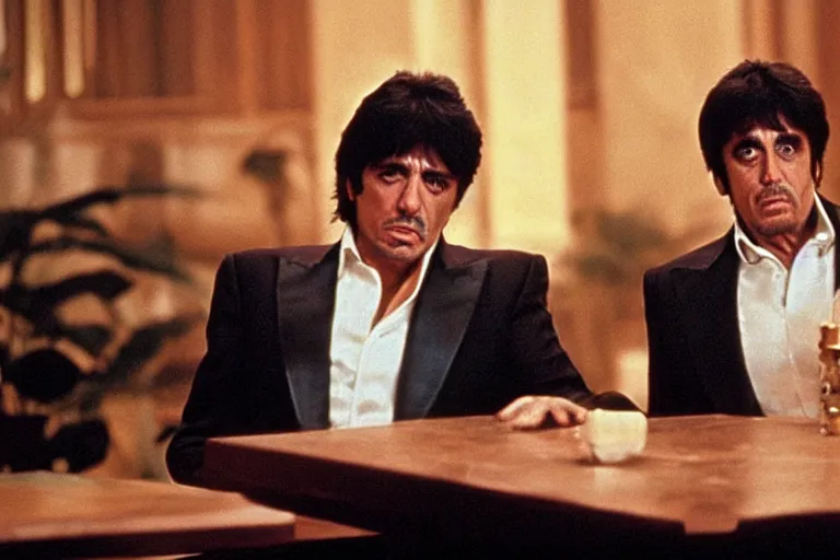 Image similar to tony montana from movie scarface 1 9 8 3 sitting behind a big black oak table with big large packages of flour. al pacino. perfect symmetric face, coherent eyes, ron cobb, fine details, 4 k. last scene from scarface movie, bokeh