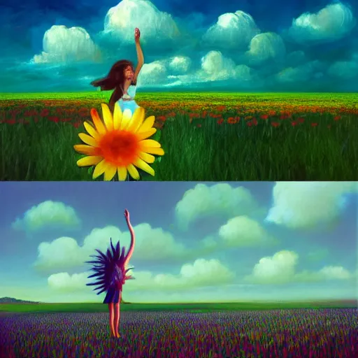 Image similar to giant daisy flower as head, girl dancing in a flower field, surreal photography, sunrise, dramatic light, impressionist painting, colorful clouds, digital painting, artstation, simon stalenhag