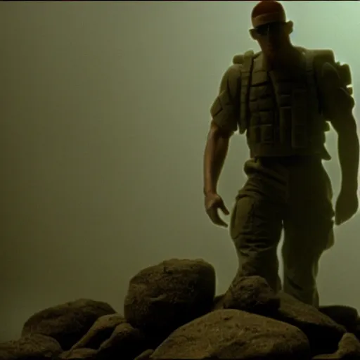 Image similar to soldier is made of rocks, still from the movie universal soldier, fog, dramatic lighting