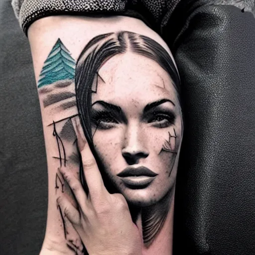 Prompt: double exposure tattoo sketch of megan fox with beautiful mountain scenery, hyper - realistic, in the style of den yakovelev, amazing detail, sharp, abstract