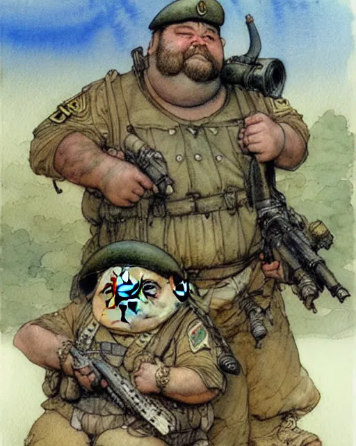 Prompt: a realistic and atmospheric watercolour fantasy character concept art portrait of a fat adorable chibi pugs as soldiers in vietnam, by rebecca guay, michael kaluta, charles vess and jean moebius giraud