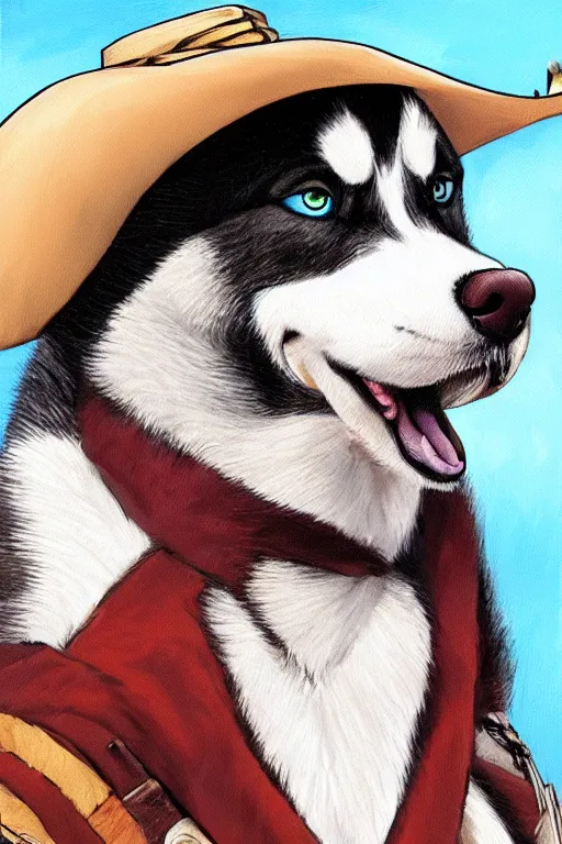 Image similar to a portrait painting of a husky in cowboy costume in the style of anime, a fistful of dollars, per un pugno di dollari