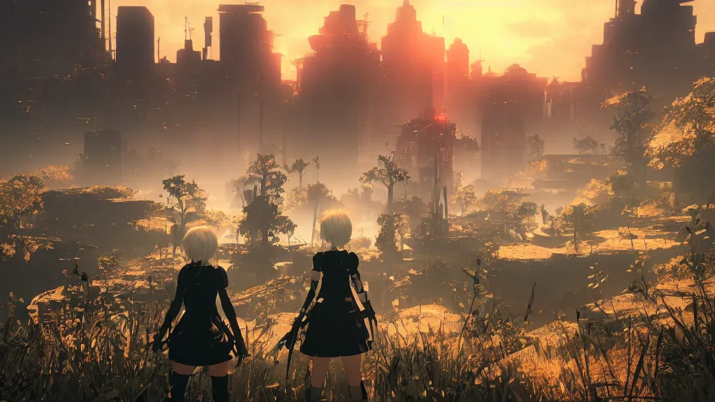 Prompt: beautiful Nier Automata landscape, sunset