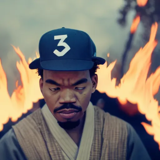 Image similar to cinematic film still of Chance The Rapper starring as a Samurai holding fire, Japanese CGI, VFX, 2022, 40mm lens, shallow depth of field, film photography