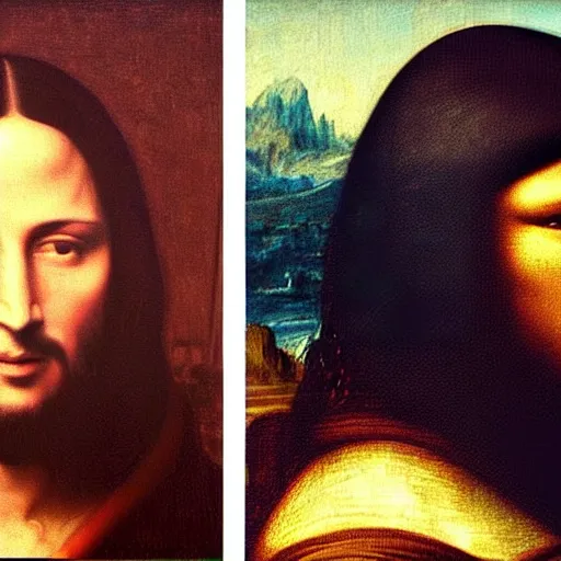 Image similar to painting of keanu reeves in the style of mona lisa, painting by leonardo da vinci