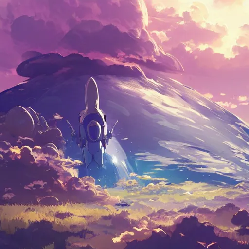 Prompt: a spaceship crashed into a foreign planet. The spaceship is buried in the ground. beautiful blue sky with large white anime clouds. in the style of digital art, artstation trending, rossdraws, breath of the wild, Makoto Shinkai, ghibli