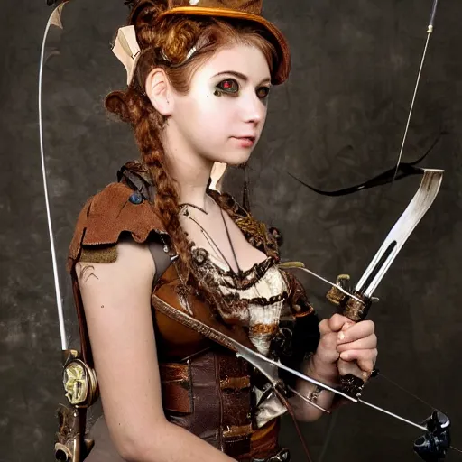 Prompt: full shot photo of a beautiful steampunk archer