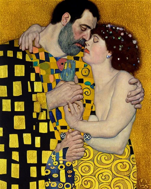 Image similar to homer and marge are in love, painting by gustav klimt, gold leaf on wood