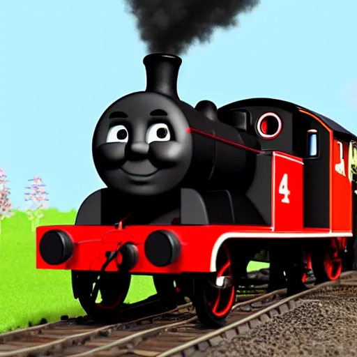 Image similar to photo realistic black and red thomas the tank engine with a white face going fast