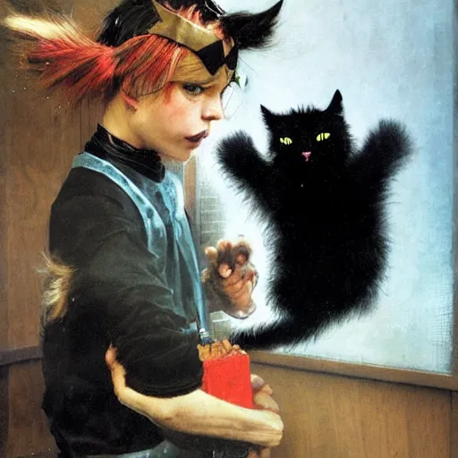 Prompt: a teenage boy with shaggy blond hair dressed as a black cat themed superhero. With cat ears, a tail, and a bell at his neck. Norman Rockwell, Ruan Jia.