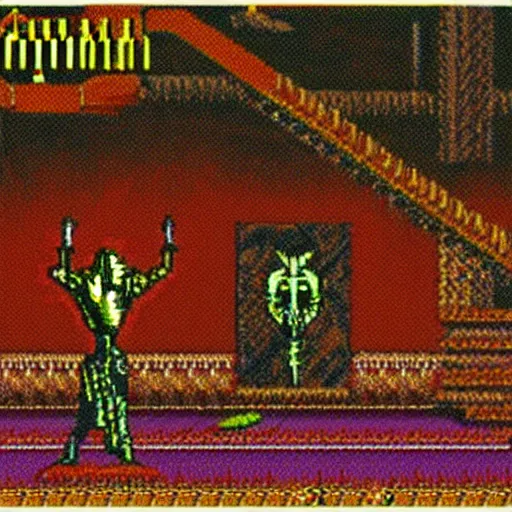 Image similar to a movie still from (Apple IIc game Wizardry: Proving Grounds of the Mad Overlord), cinematic, fantasy