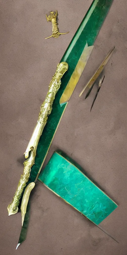 Image similar to photograph of a wide green and teal crystal double - edged sword blade attached to a big gold sword hilt