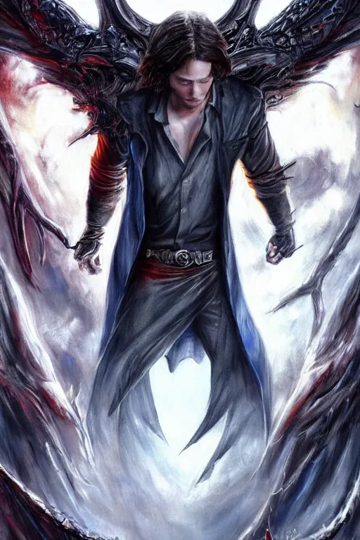 Prompt: front portrait of attractive sam winchester as a vampire with long fangs, wings wide open, clothes torn apart, muscular chest tattooed with runes and symbols, d & d!, fantasy style, sharp focus!, ultra detailed, art by artgerm and peter andrew jones, wlop