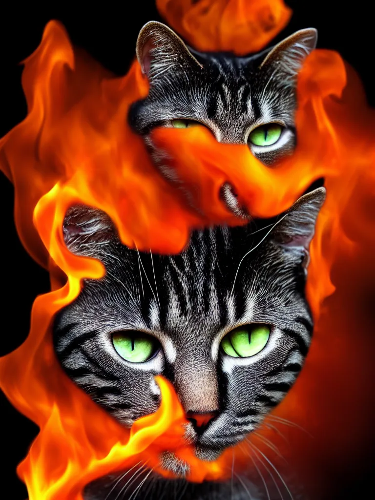 Prompt: high resolution 4k Cat made of flame, fire, firecat, smoke, vapor, rain, dark sky