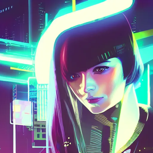 Prompt: portrait of rachael from bladerunner, cyberpunk city background, nighttime, low-key neon lighting, 4k, HQ, official media, anime key visual, makoto shinkai, ilya kuvshinov, lois van baarle, rossdraws, detailed, trending on artstation