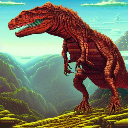 Prompt: an isometric pixel art of chronic dinosaur t - rex, mountain background, ultrasharp, detailed, cinematic, art by ayami kojima, beksinski, giger