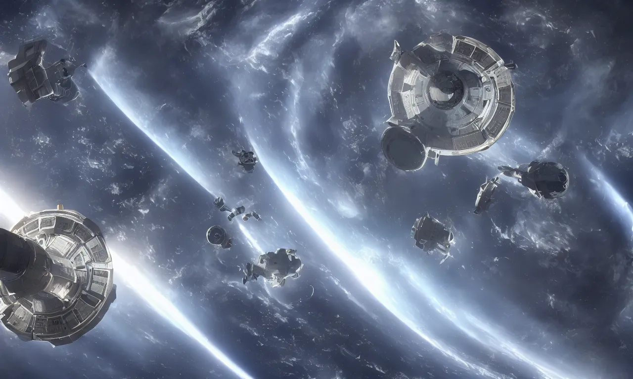 Prompt: Starship docking with a huge ring-shaped space station in orbit, cinematic lighting, 4k