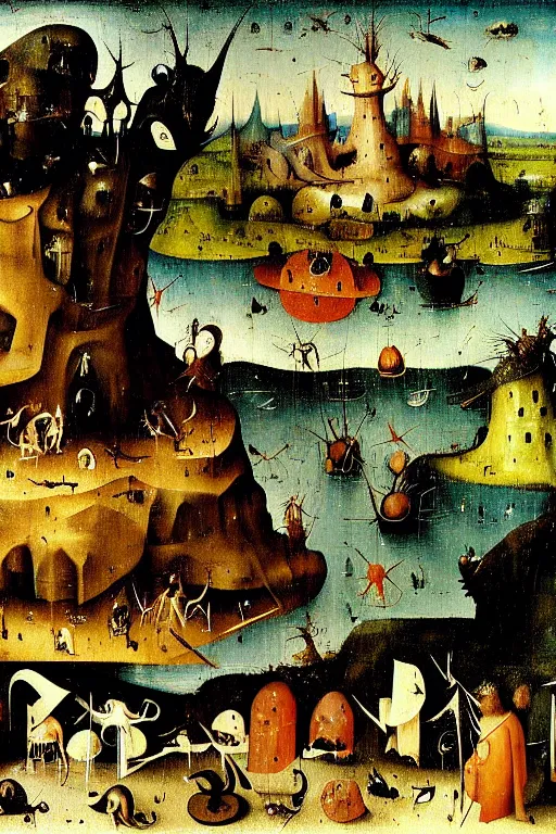 Image similar to a beautiful landscape with weird creatures by hieronymus bosch