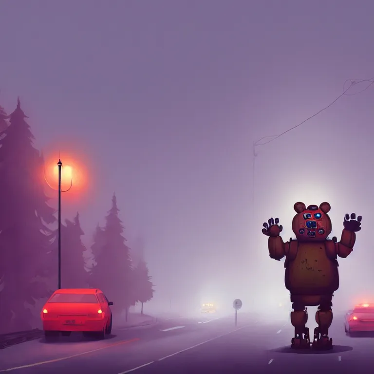 Image similar to a giant freddy fazbear robot animatronic bear in the middle of a foggy street, award - winning art by simon stalenhag, trending on artstation