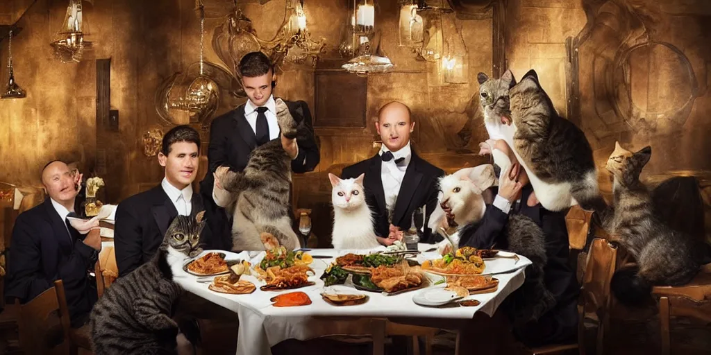 Prompt: cats and dogs wearing suits and dresses eating dinner at a restaurant, very atmospheric lighting, award winning photo, masterpiece